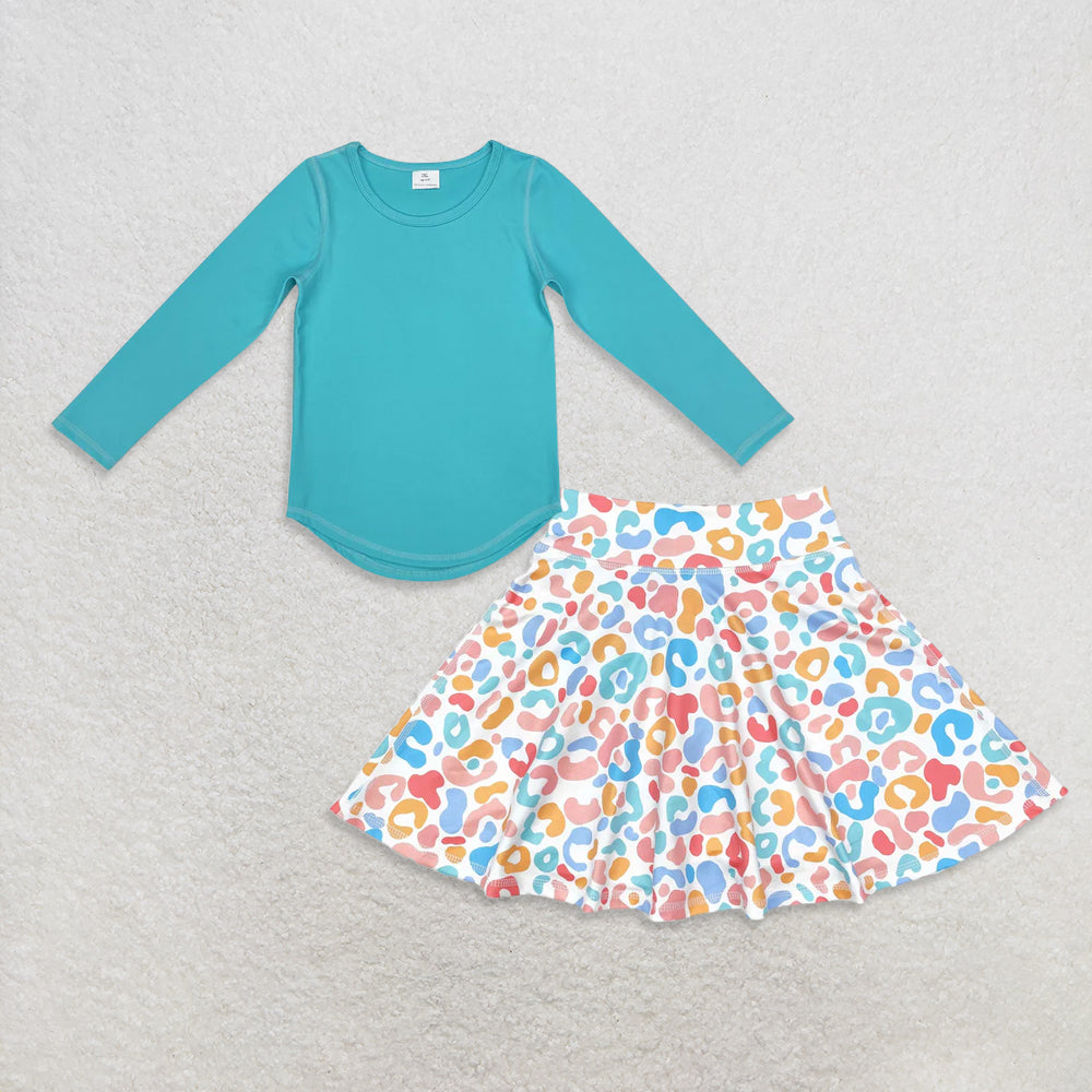 9.27 RTS NO MOQ (In stock)GT0644 + GLK0026 Baby Girls Blue Long Sleeve Tee Shirts Tops Baby Girls Leopard Colorful Skirts