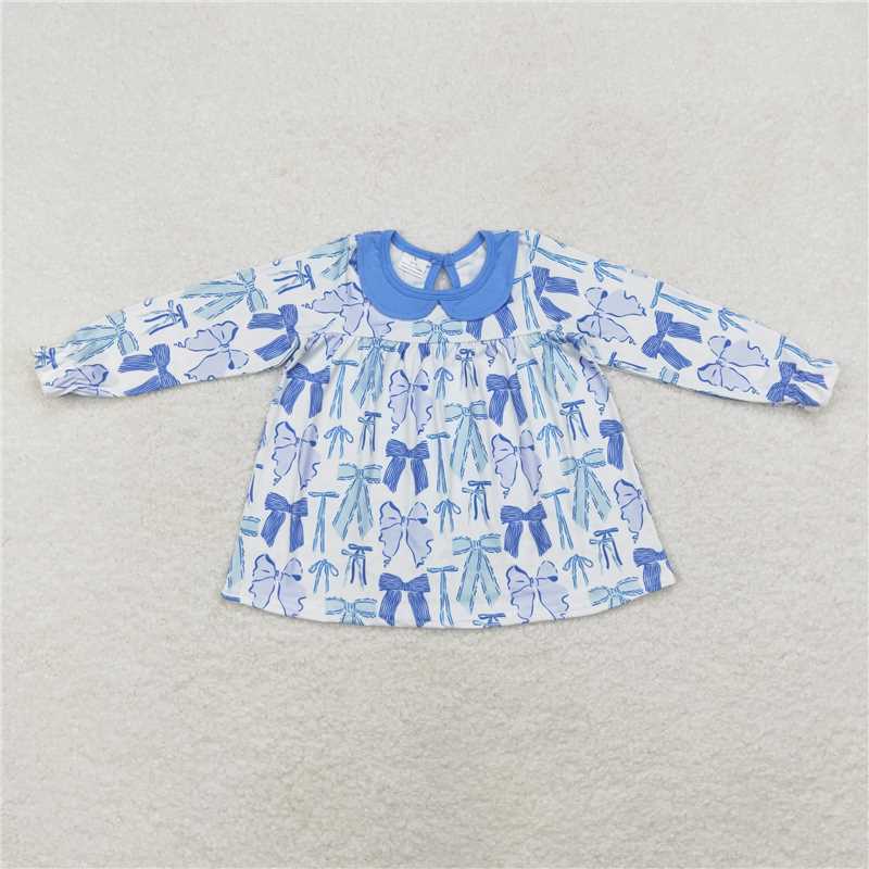 USA Warehouse (IN STOCK)GT0666 Kids Girls Light Blue Bow Print Long Sleeves Top Cute And Fashionable Children's Clothing