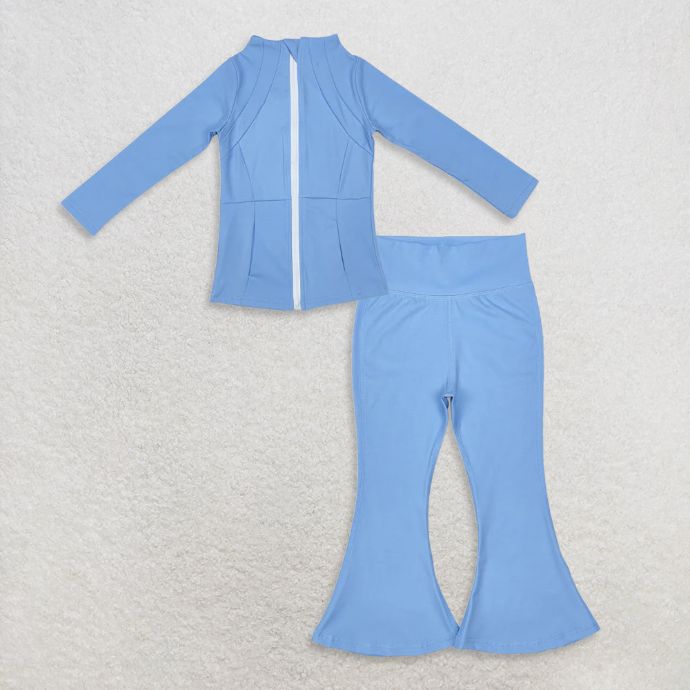 9.25 RTS NO MOQ (In stock)GT0684 + P0577 Baby Girls Blue Zip Pocket Yoga Active Wear Jackets Bell Bottom Pants