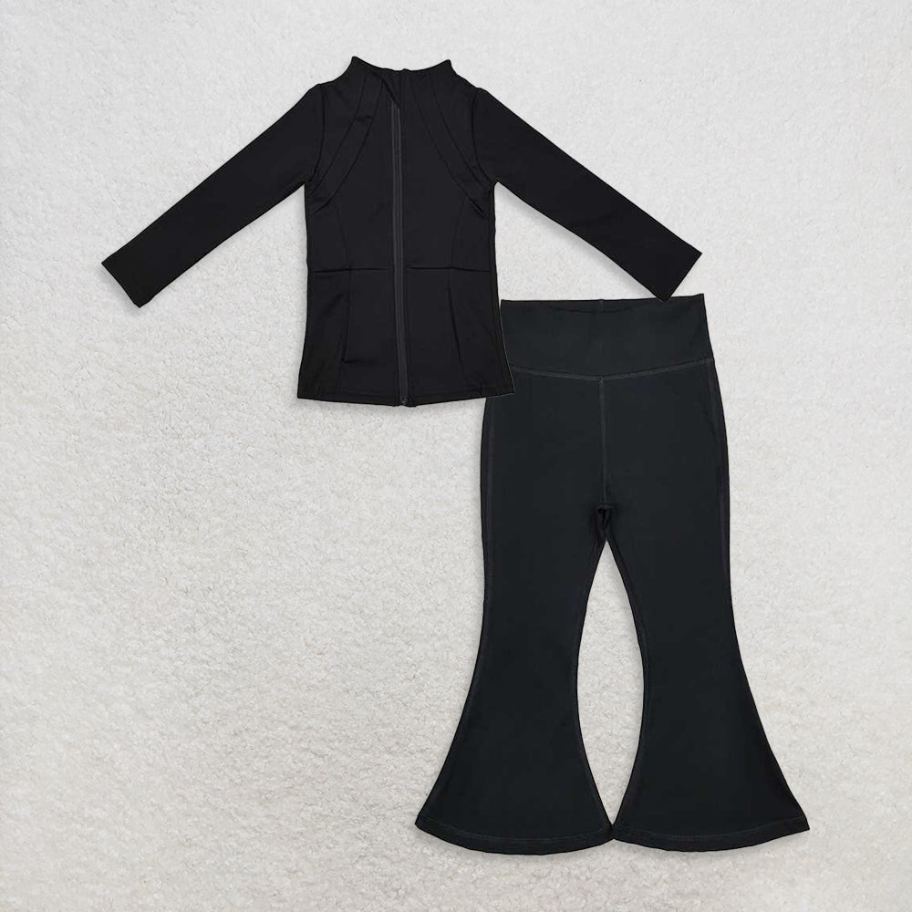 9.25 RTS NO MOQ (In stock)GT0685 + P0578 Baby Girls Black Zip Pocket Yoga Active Wear Jackets Bell Bottom Pants