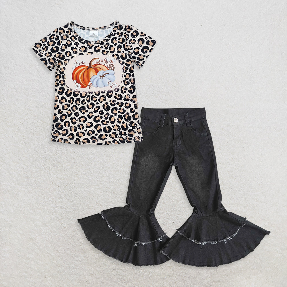 9.19 RTS NO MOQ (In stock)GT0688 + E5-26 Baby Girls Short Sleeve Tee Shirts Tops Denim Flare Pants Jeans