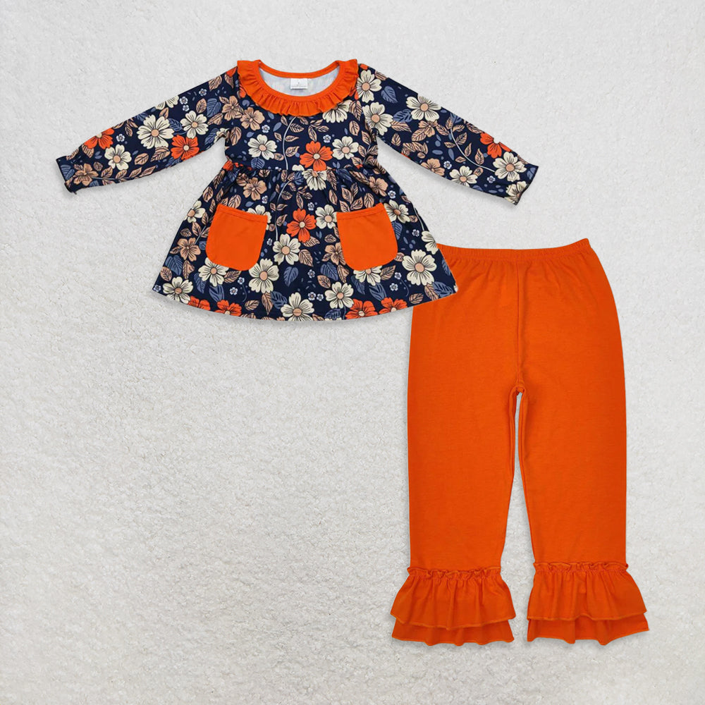 9.22 RTS NO MOQ (In stock)GT0691 + P0634 Baby Girls Long sleeves orange pockets Ruffle Pants