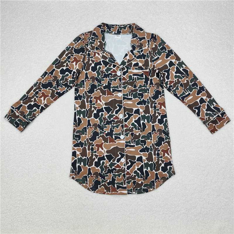 Women's Dark Camouflage Summer Pajamas Button-Down Long Sleeve Sleepwear Adult Comfortable Soft Cotton Camo Print Nightgown
