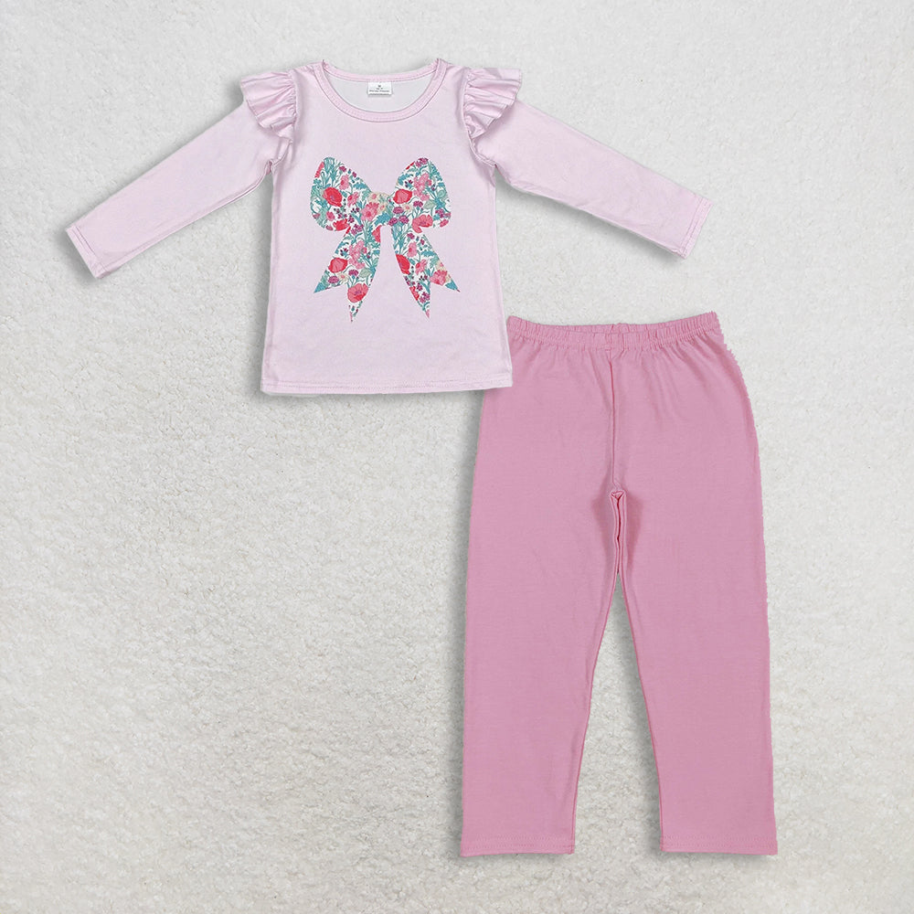 11.14 RTS NO MOQ (In stock)GT0699 + P0821 Baby Girls Pink Floral Bow Long Sleeve Tee Shirts Tops Light Pink Legging Pants
