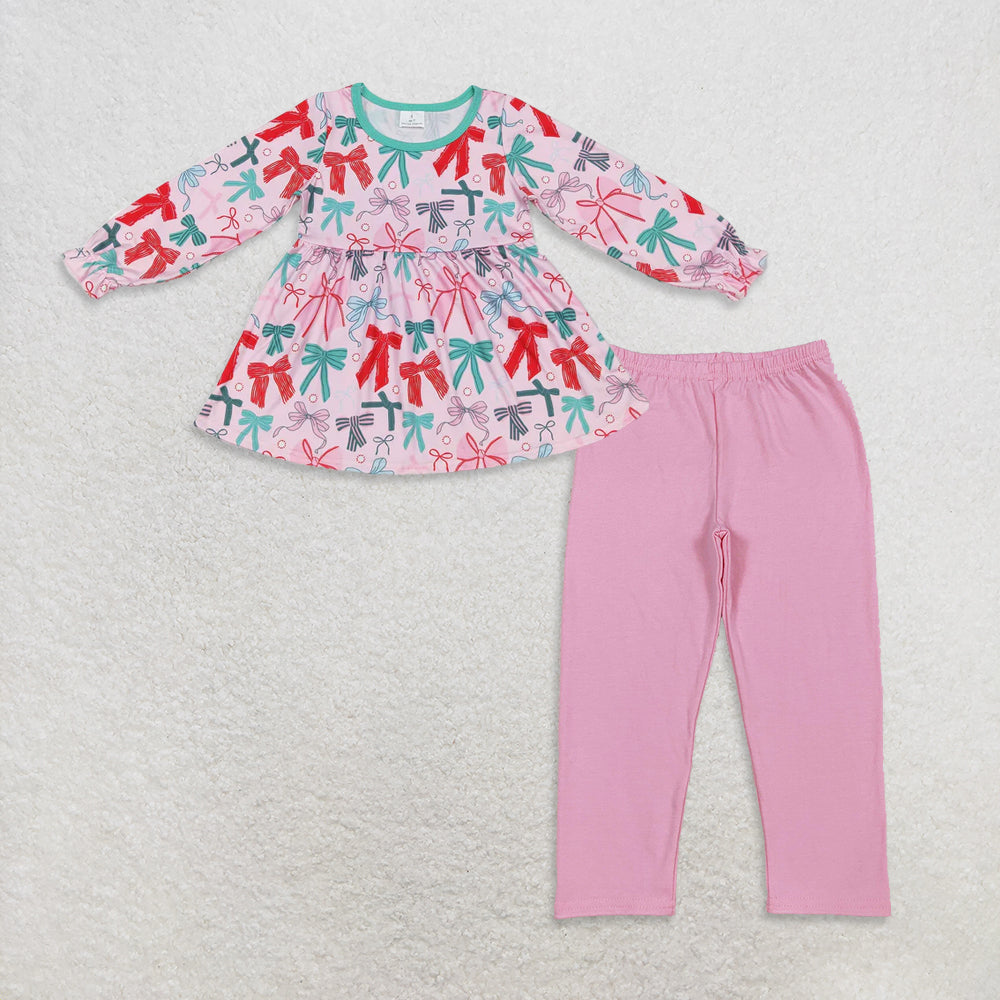9.22 RTS NO MOQ (In stock)GT0721 + P0821 Baby Girls Long sleeves Bows Tunic Tee Shirts Legging Pants