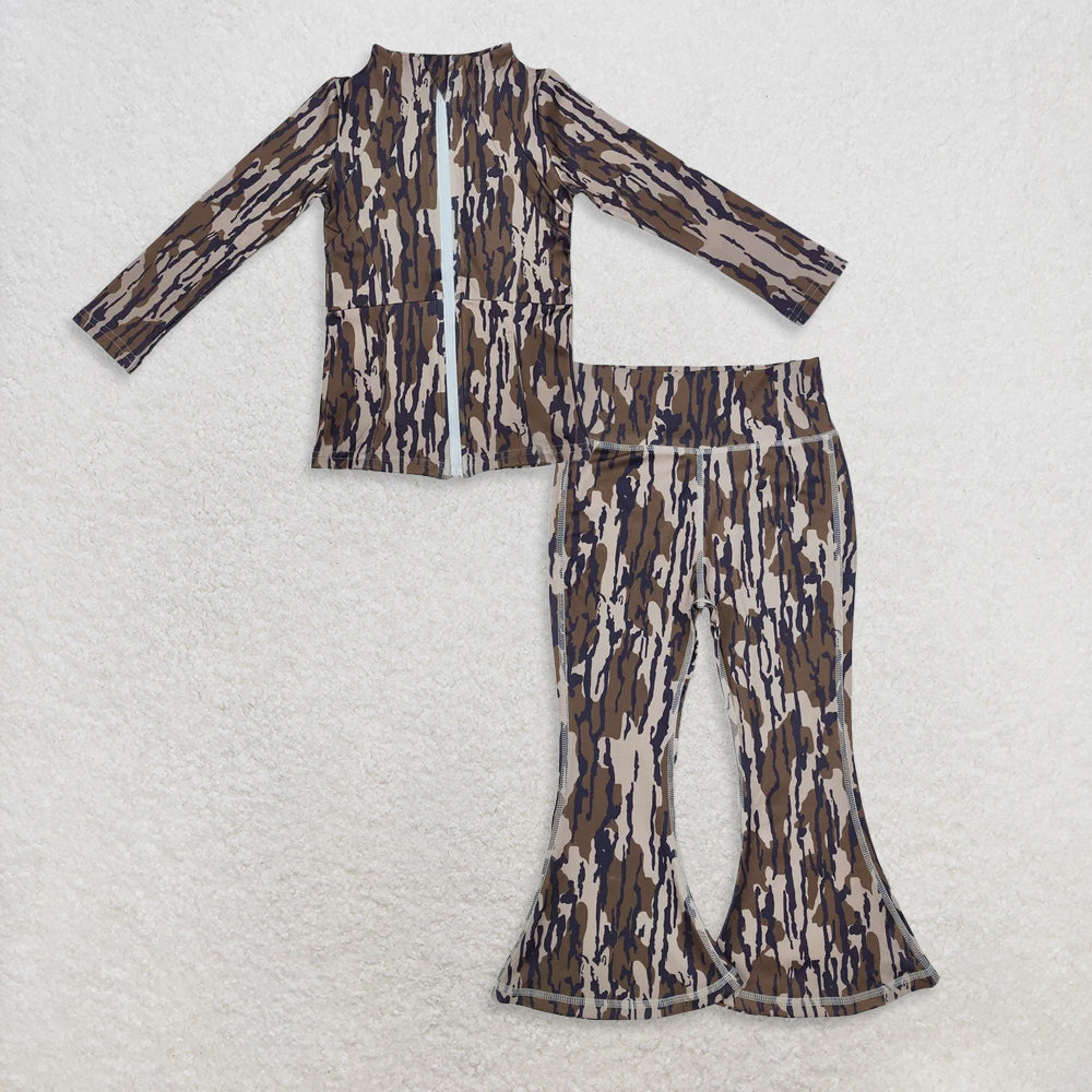 9.25 RTS NO MOQ (In stock)GT0850 + P0691 Baby Girls Bottomland Camo Zip Pocket Yoga Active Wear Jackets Bell Bottom Pants