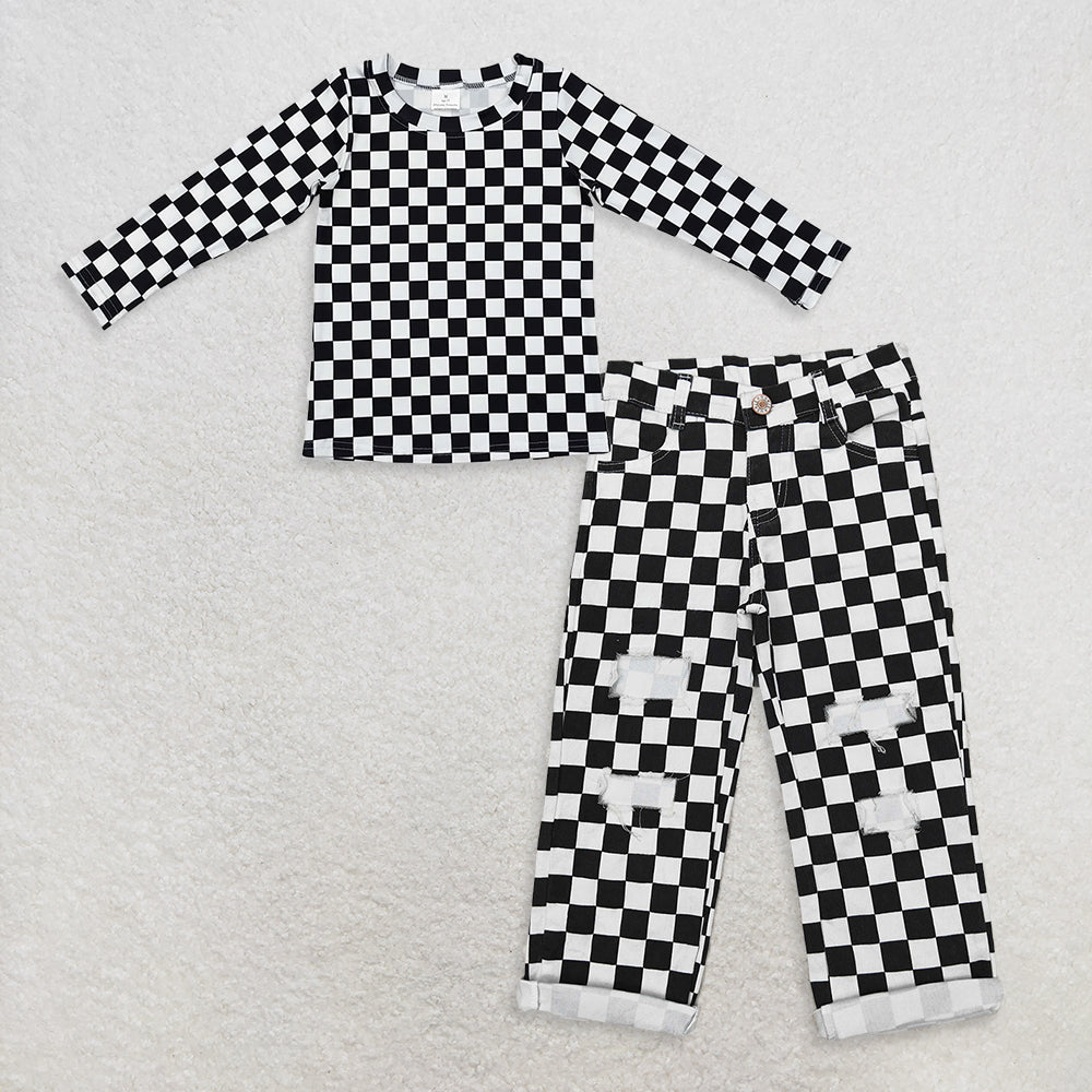 9.18 RTS NO MOQ (In stock)GT0864 +P0122 Baby Girls Black Long Sleeve Tee Shirts Tops Denim Pants