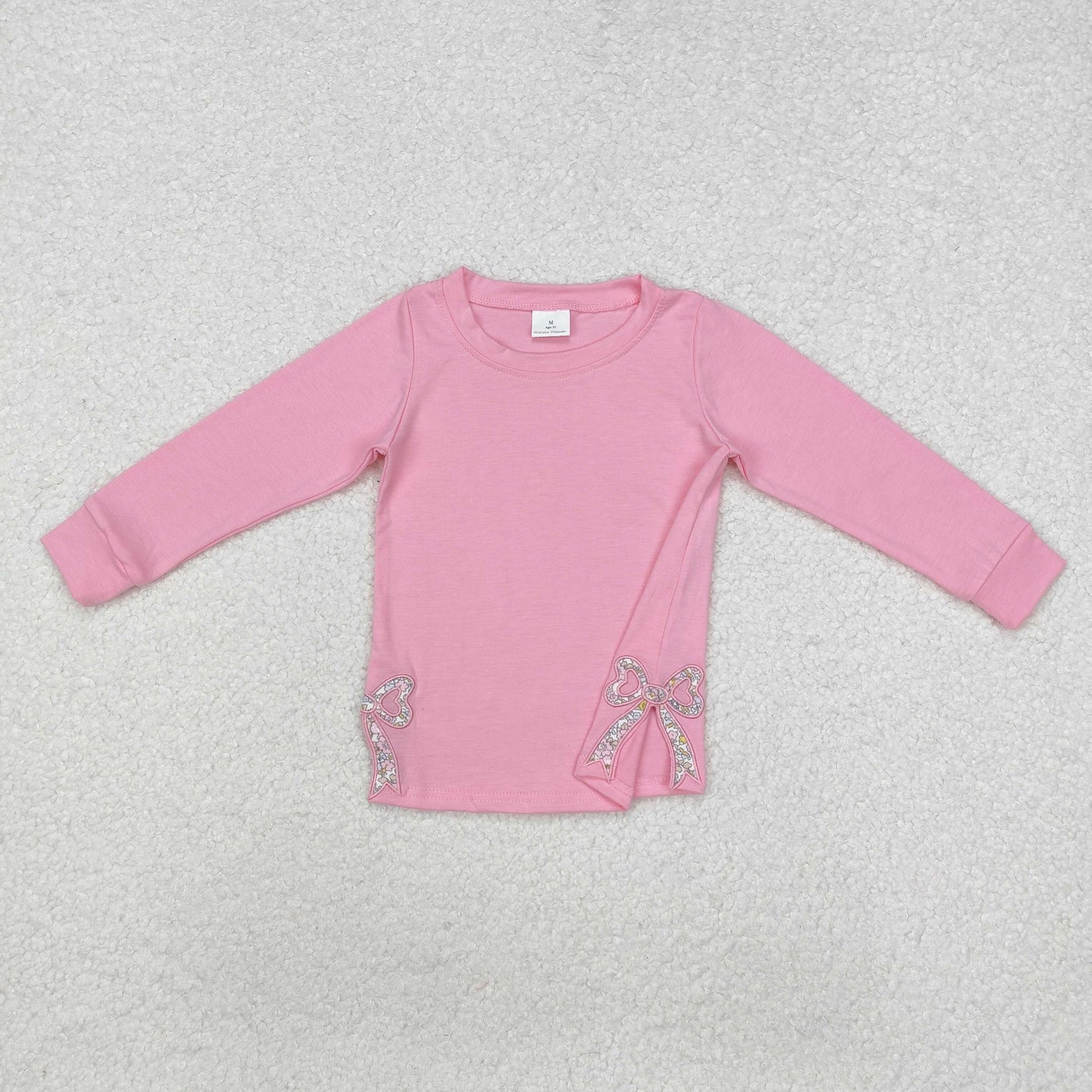 GT0872 Pink cotton long sleeves floral bow embroidery girls clothes