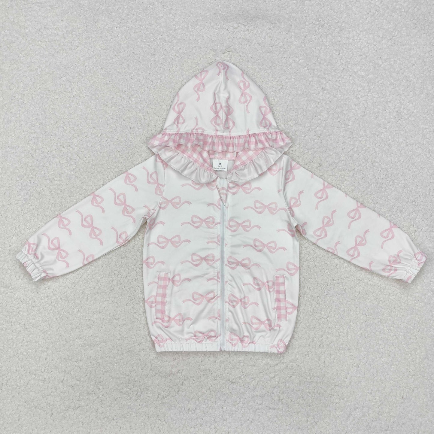 GT0873 White pink bow ruffle pocket zipper baby girls hooded jacket