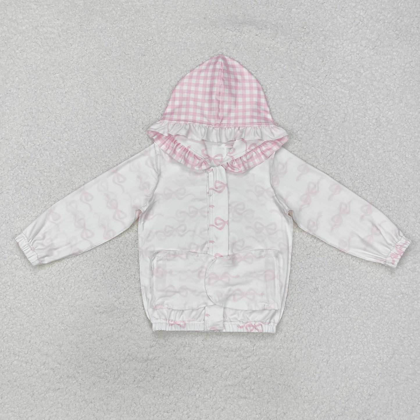 GT0873 White pink bow ruffle pocket zipper baby girls hooded jacket