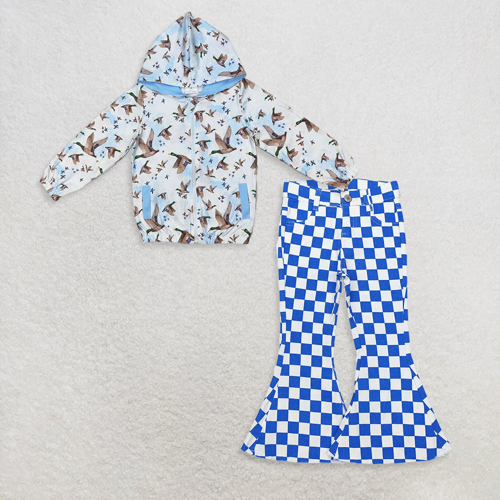 9.17 RTS NO MOQ (In stock)GT0875 + P0610 Baby Girls Blue Hooded Top Bell Flare Denim Pants