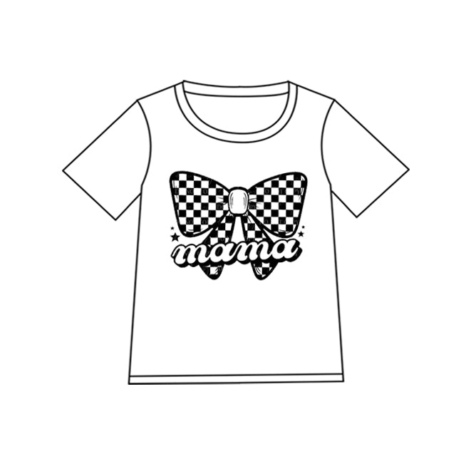 Adult Women White Mama Checkered Bow Tee Shirts Tops Preorder GT0881