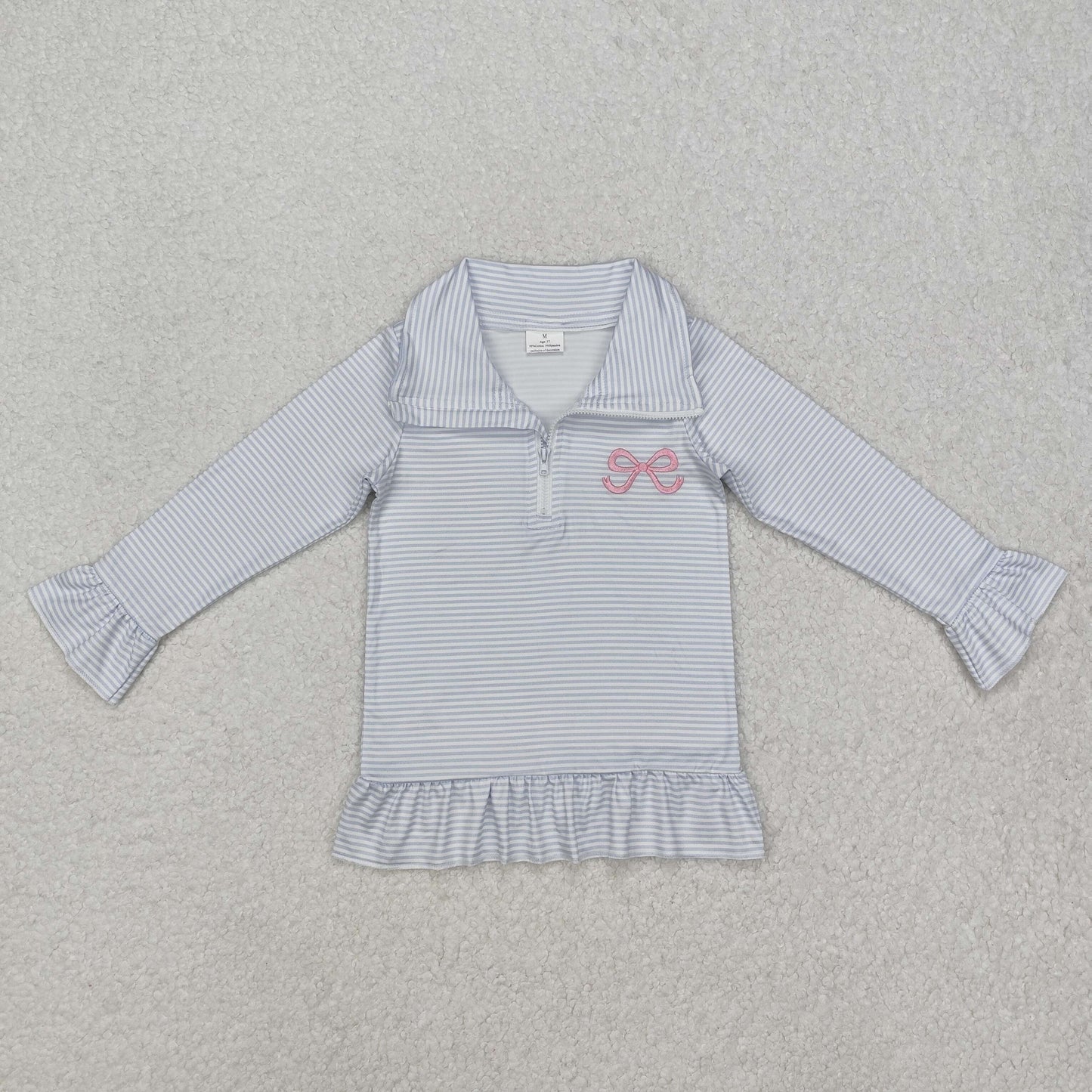 GT0886Long sleeves light blue stripe bow ruffle baby girls zip pullover