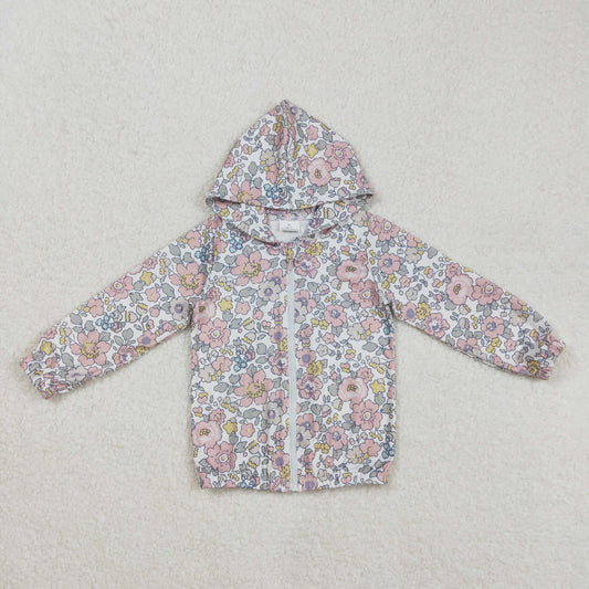 GT0914Pink Floral Long Sleeve Zip Jacket for Baby Girls Cute Floral Print Zipper Front Casual Outerwear