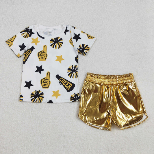 USA Shop (in stock)GT0939+SS0412Children's Gold Cheerleading Shirt with Purple Elastic Waistband Short Sleeve Summer Outfit for Girls Two-Piece Set