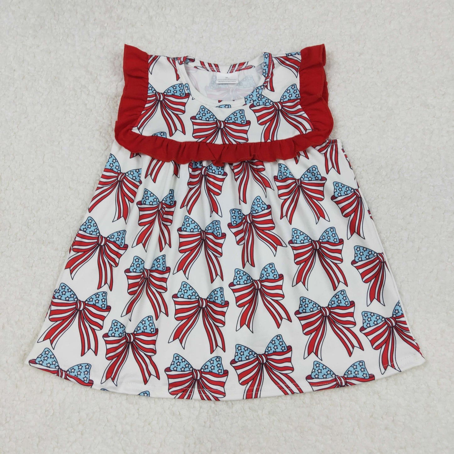 GT0949Kids Girls Red Ruffle Stars And Stripes Bow Shirt Fourth of July Patriotic Top for Children