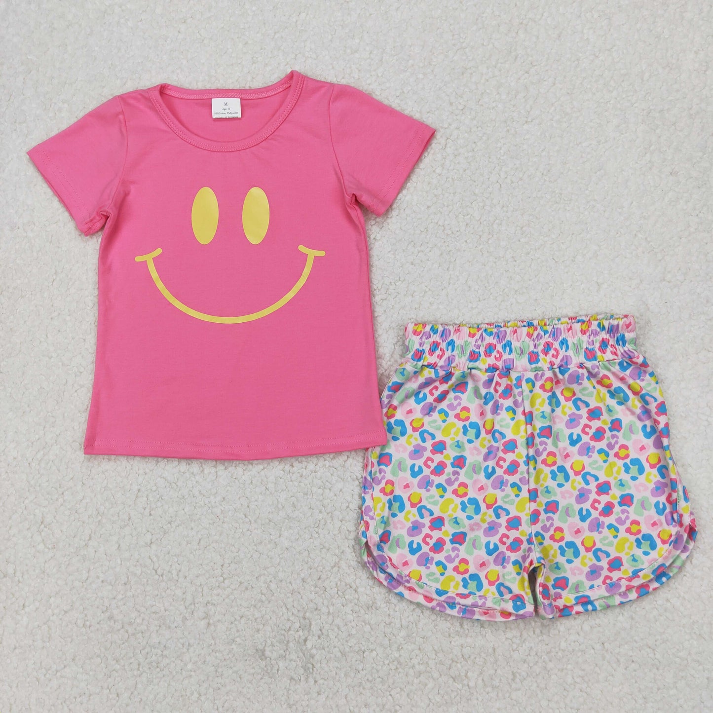 4.10 GT0959+SS0475 RTS NO MOQ Baby Girls Summer Outfits Baby Girl Pink Smiley Face Short Sleeve Top Colorful Leopard Print Elastic Waist Shorts Set