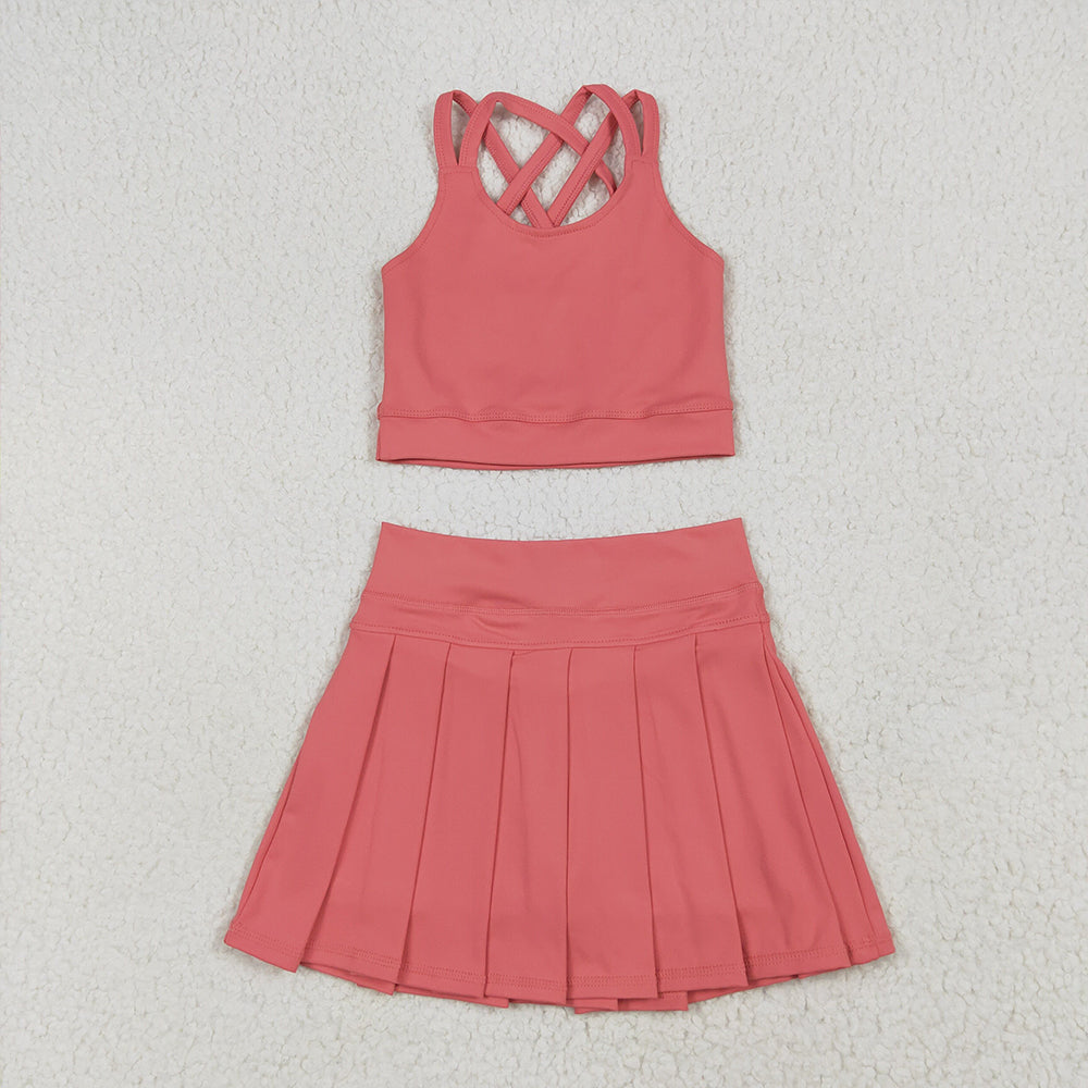 GT1004+GLK0080RTS NO MOQ Peach straps kids girls summer activewear crop top Orange high waist activewear skorts sets
