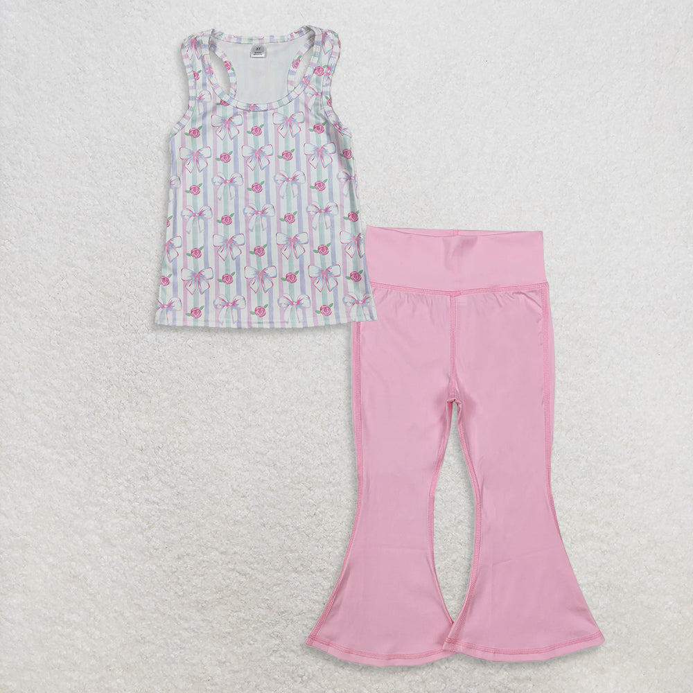 9.25 RTS NO MOQ (In stock)GT1014 + P0576 Baby Girls Sleeveless Lavender Bows Flowers Stripe Yoga Shirts Tops Bell Bottom Pants