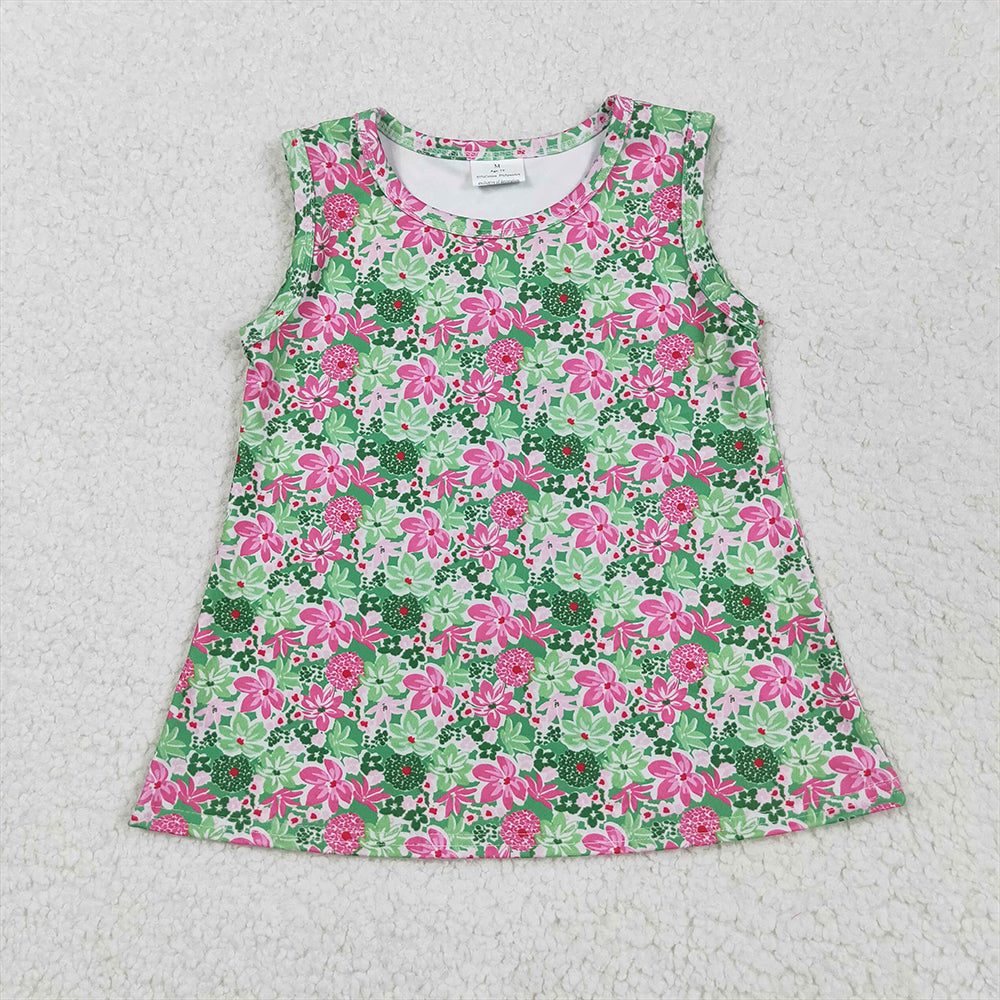 GT1015RTS NO MOQ Baby Girls Summer Yoga Tops Baby Girls Sleeveless Green Pink Floral Yoga Shirts Top