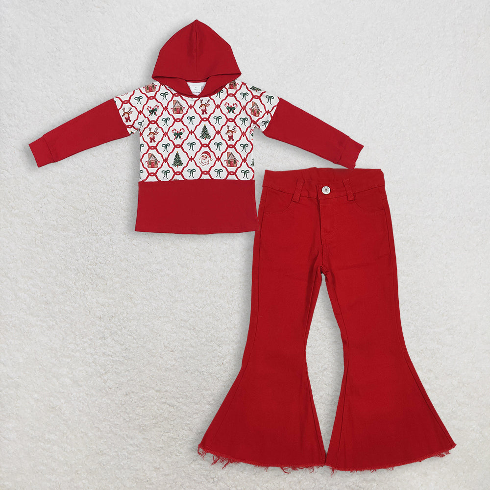12.10 RTS NO MOQ (In stock)GT1042 + P0083 Baby Girls Red Christmas Bows Gingerbread Trees Santa Hoodies Tops Denim Bell Jeans Pants