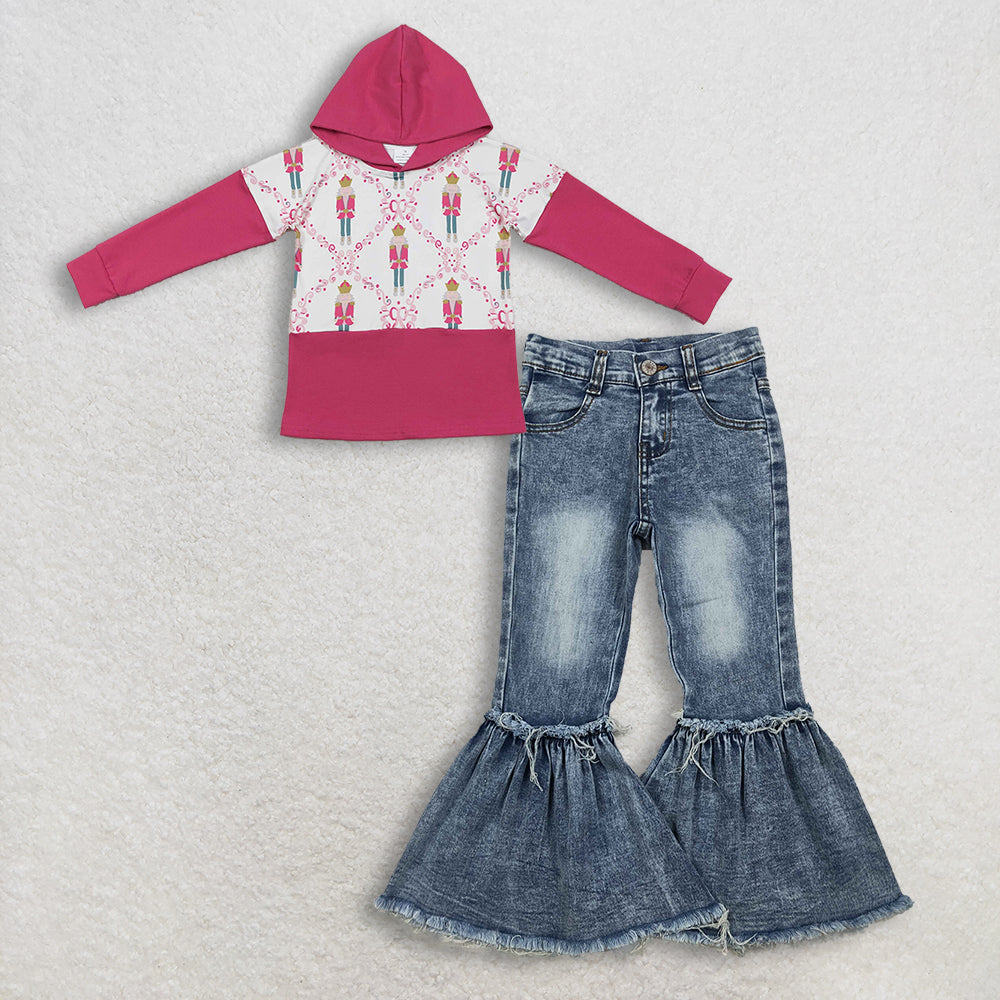 12.10 RTS NO MOQ (In stock)GT1043 + P0676 Baby Girls Pink Long Sleeves Bows Soldiers Checked Christmas Hoodies Top Denim Flare Pants Jeans