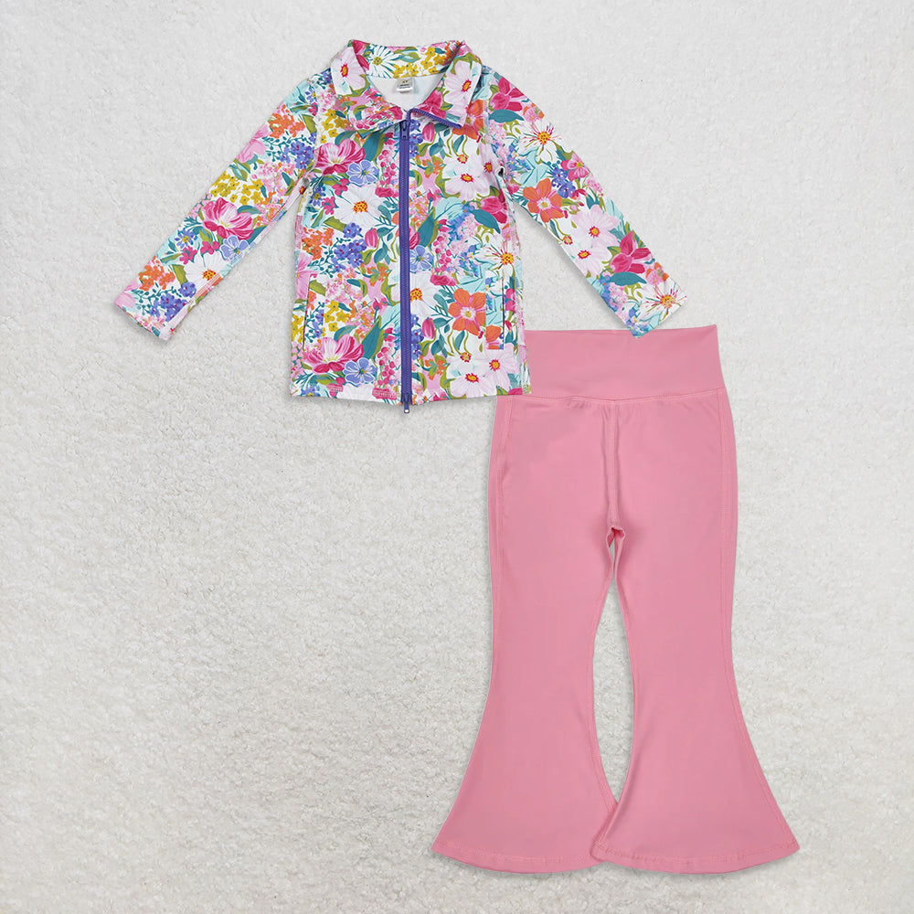 9.24 RTS NO MOQ (In stock)GT1061 + P0573 Baby Girls Pockets Zipper Yoga Jackets Pink Bell Bottom Pants