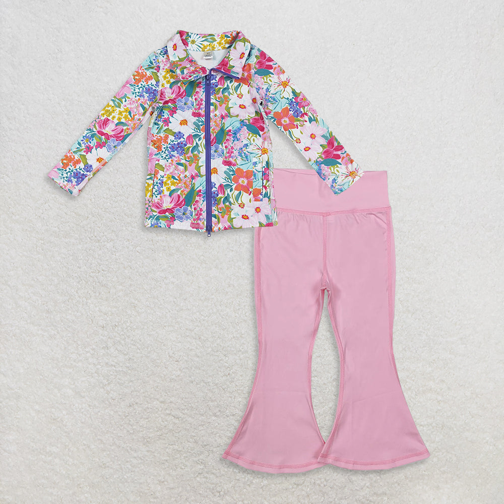 9.25 RTS NO MOQ (In stock)GT1061 + P0576 Baby Girls Long Sleeves Pink Lavender Floral Pockets Zipper Yoga Jackets Pink Bell Bottom Pants
