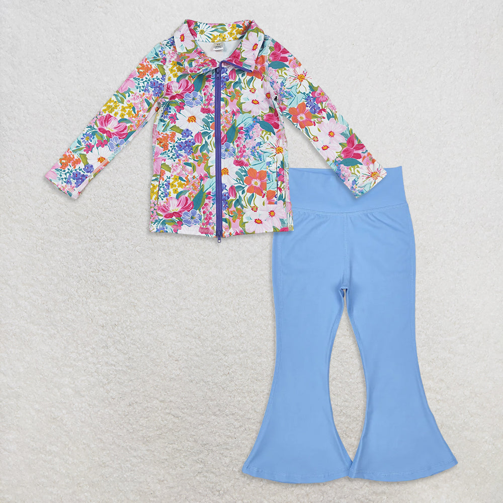 9.24 RTS NO MOQ (In stock)GT1061 + P0577 Baby Girls Pockets Zipper Yoga Jackets Bell Bottom Pants