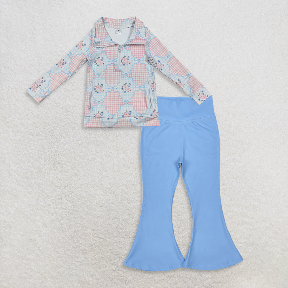 9.25 RTS NO MOQ (In stock)GT1062 + P0577 Baby Girls Pink Flowers Plaid Pockets Zipper Yoga Active Pullovers Top Bell Bottom Pants
