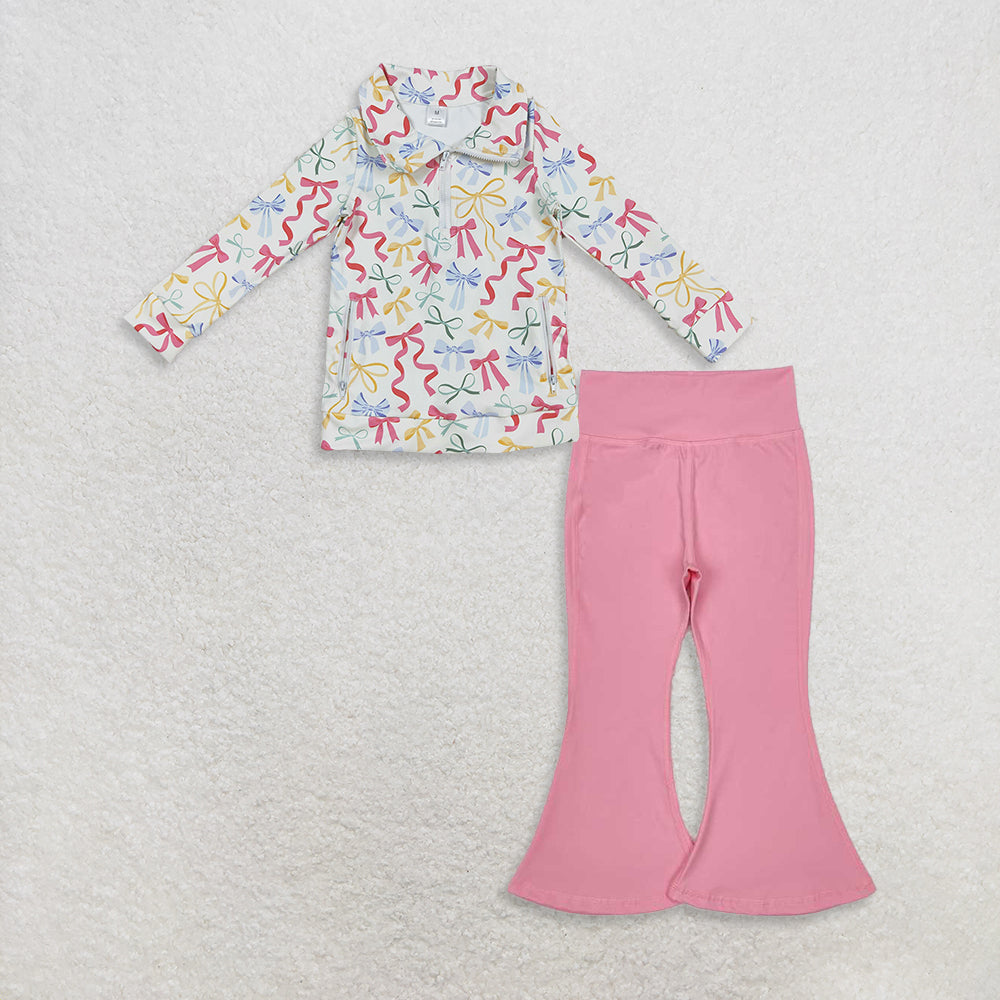 9.23 RTS NO MOQ (In stock)GT1065 + P0573 Baby Girls Pockets Zipper Yoga Active Pullovers Top Pink Bell Bottom Pants