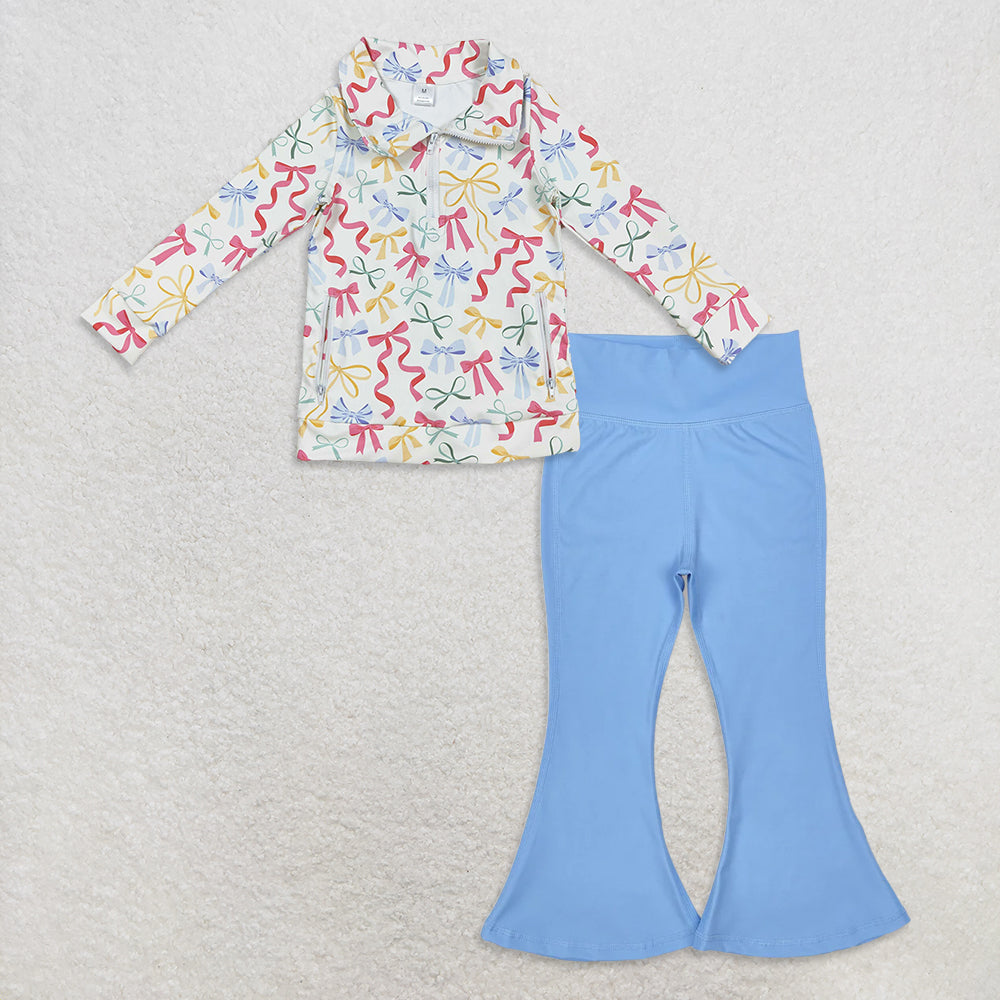 9.24 RTS NO MOQ (In stock)GT1065 + P0577 Baby Girls Colorful Bows Pockets Zipper Yoga Jackets Pink Bell Bottom Pants