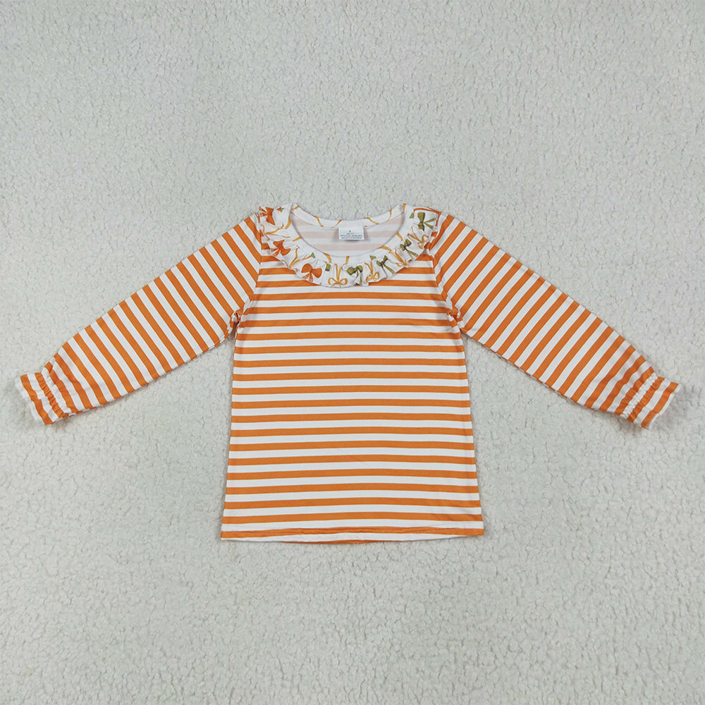 RTS NO MOQ (In stock)GT1074 Baby Girls Long Sleeve Tops Baby Girls Long Ruffle Sleeves Orange Stripes Tee Shirts Tops