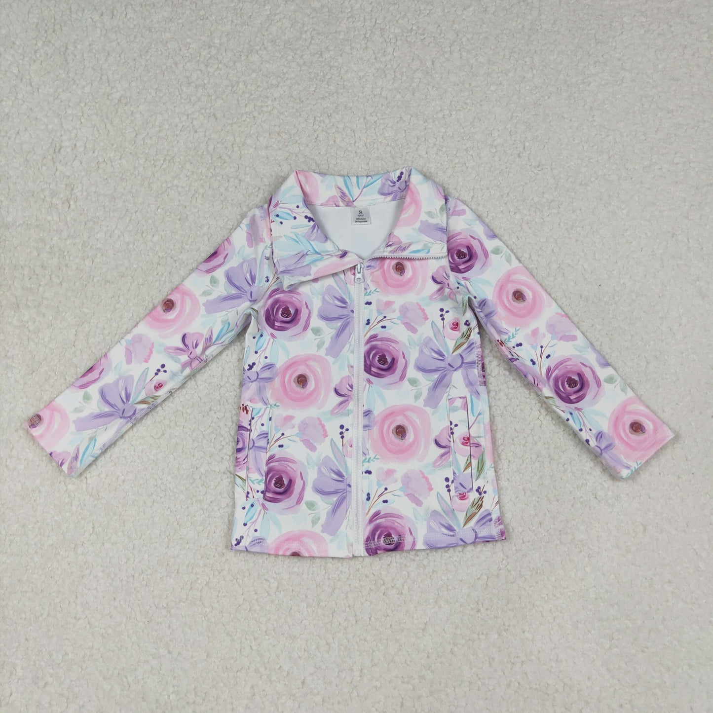 10.15 RTS NO MOQ (In stock)GT1083 Baby Girls Long Sleeve Tops Baby Girls Purple Floral Bows Zipper Pockets Yoga Active Jackets Top