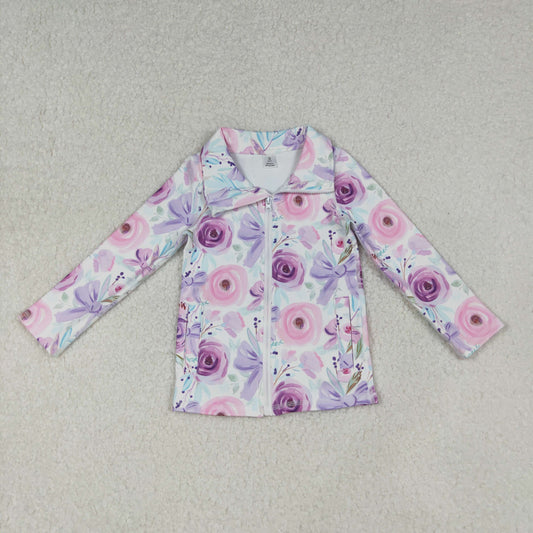 10.15 RTS NO MOQ (In stock)GT1083 Baby Girls Long Sleeve Tops Baby Girls Purple Floral Bows Zipper Pockets Yoga Active Jackets Top