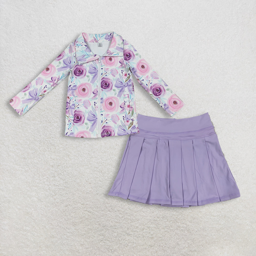 11.24 RTS NO MOQ (In stock)GT1083 + GLK0085 Baby Girls Purple Floral Bows Zipper Pockets Yoga Active Jackets Top Lavender Active Wear Skirts