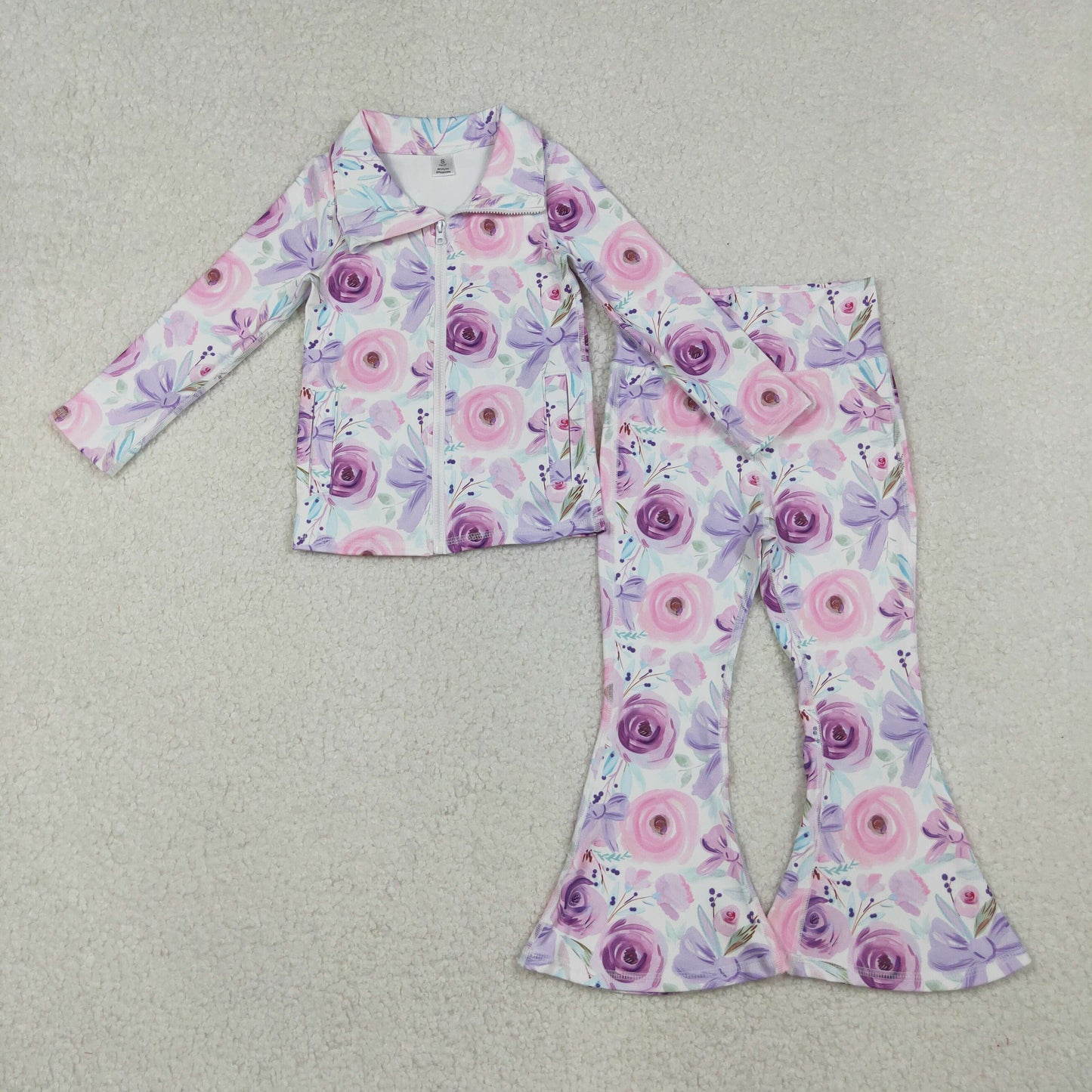 11.24 RTS NO MOQ (In stock)GT1083 + P0774 Baby Girls Purple Floral Bows Zipper Pockets Yoga Active Jackets Top Bell Bottom Pants