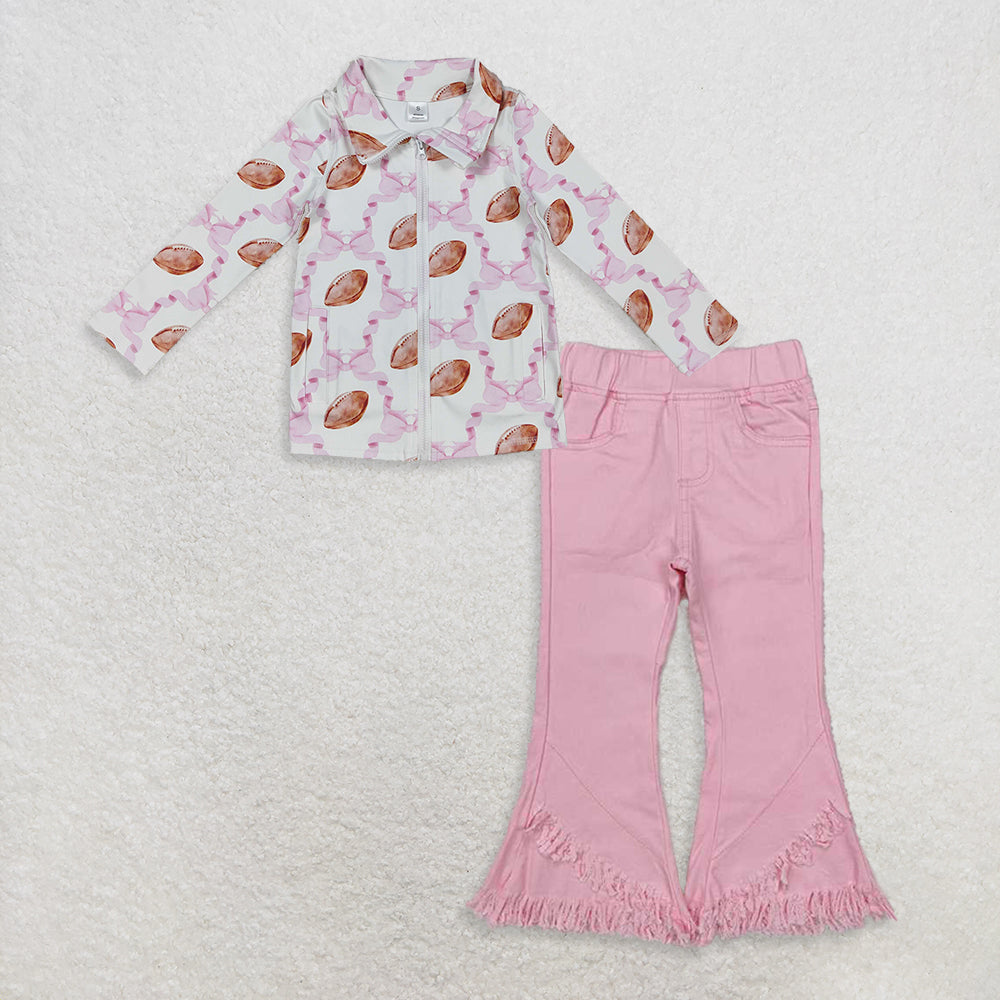 9.19 RTS NO MOQ (In stock)GT1088 + P0463 Baby Girls Yoga Active Jackets Tops Ruffle Denim Jeans