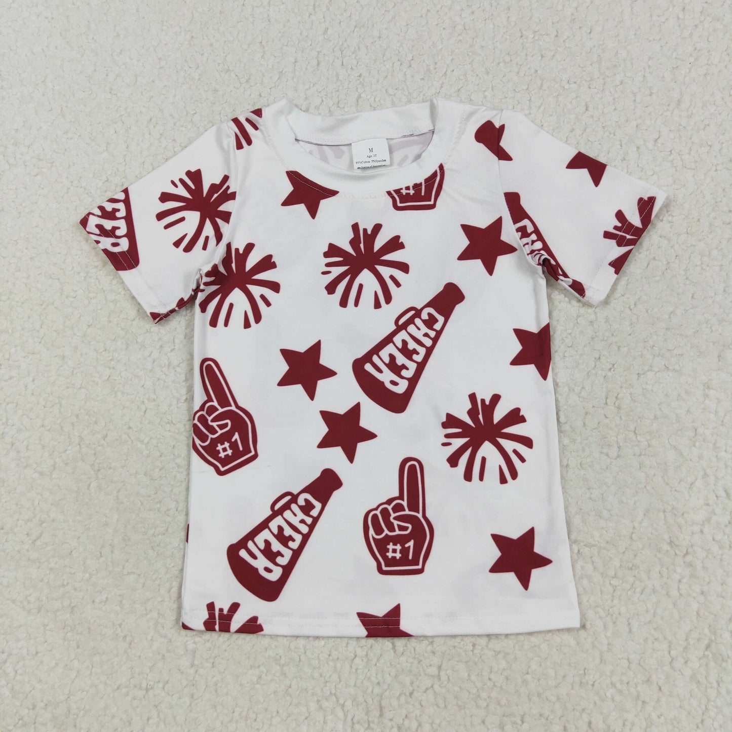 RTS NO MOQ (In stock)GT1093 Baby Girls Summer Tops Baby Girls Short Sleeves Dark Red Cheer Stars Team Tee Shirts Tops