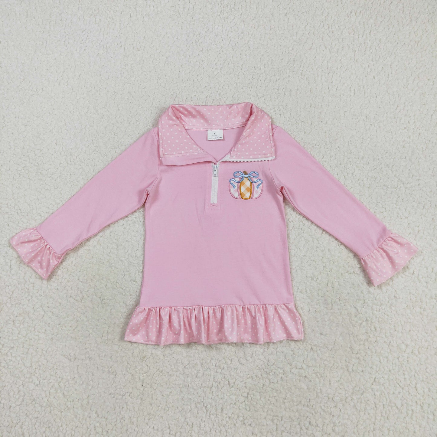RTS NO MOQ (In stock)GT1112 Baby Girls Long Sleeve Tops Embroidery Baby Girls Pink Long Ruffle Sleeves Pumpkins Zipper Pullover Top