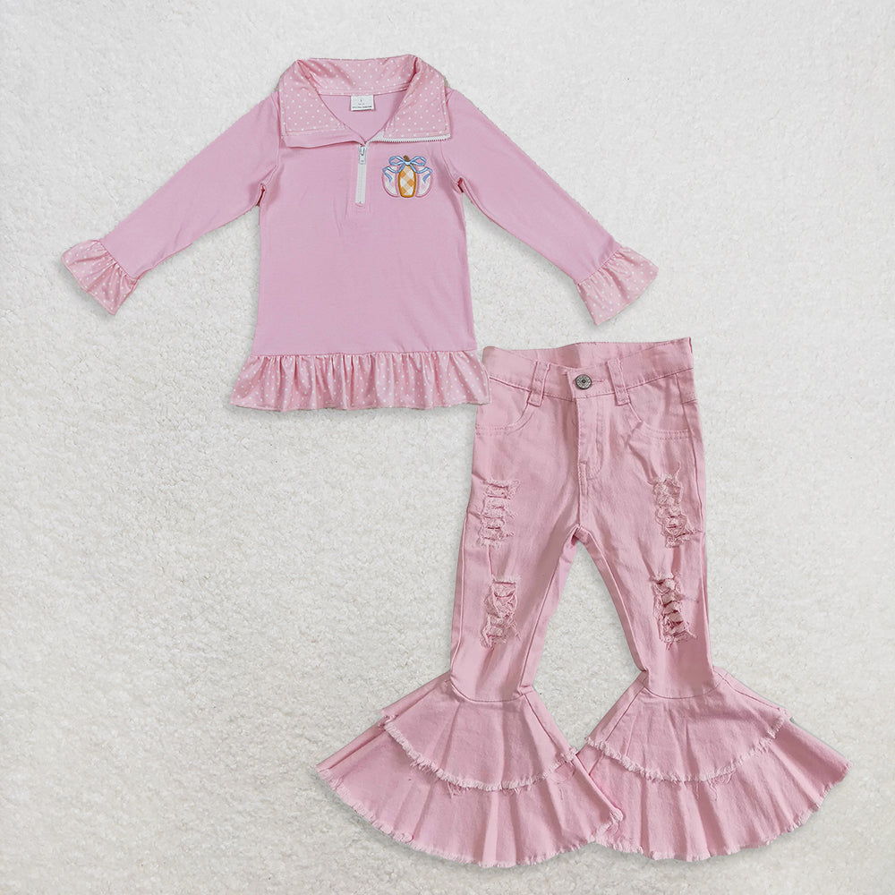 9.18 RTS NO MOQ (In stock)GT1112+ P0005 Baby Girls Zipper Fall Pullover Top Denim Bell Pants Jeans