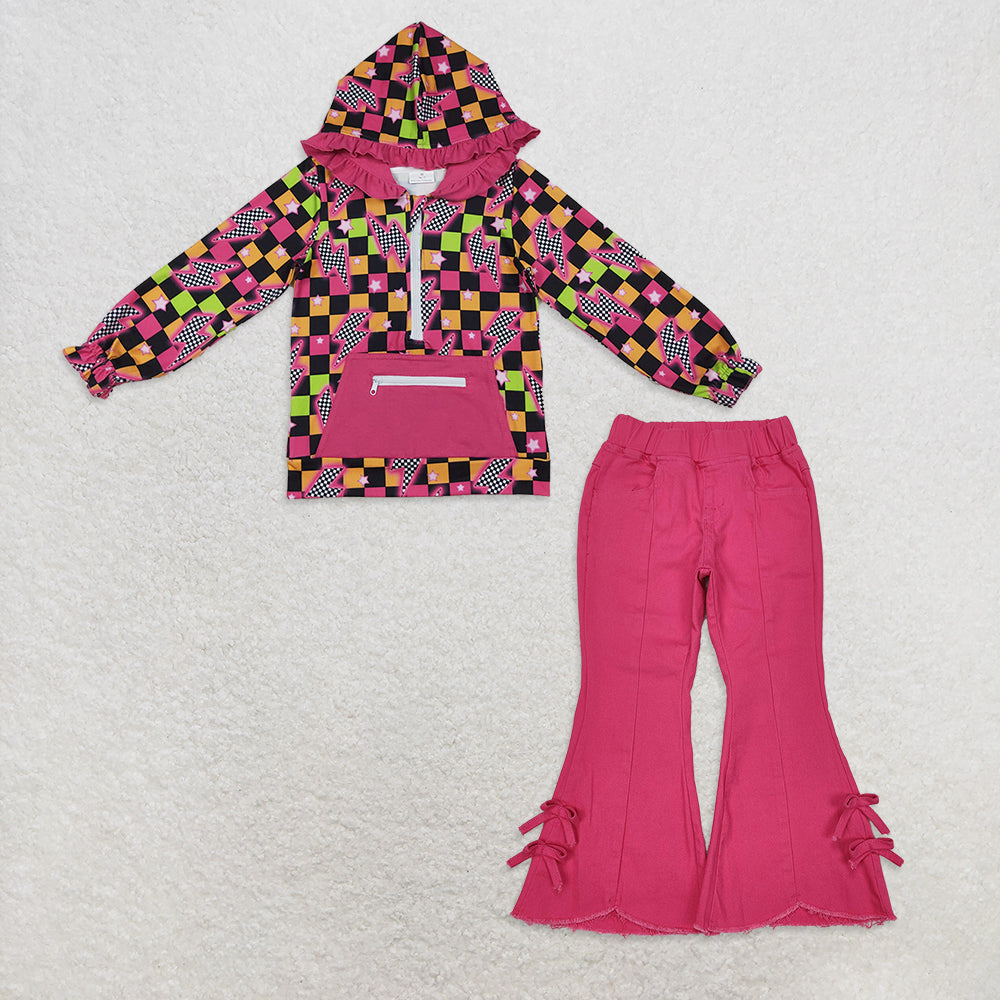 9.17 RTS NO MOQ (In stock)GT1117 + P0731 Baby Girls Pockets Zipper Hoodies Tops Ruffle Bell Flare Denim Pants