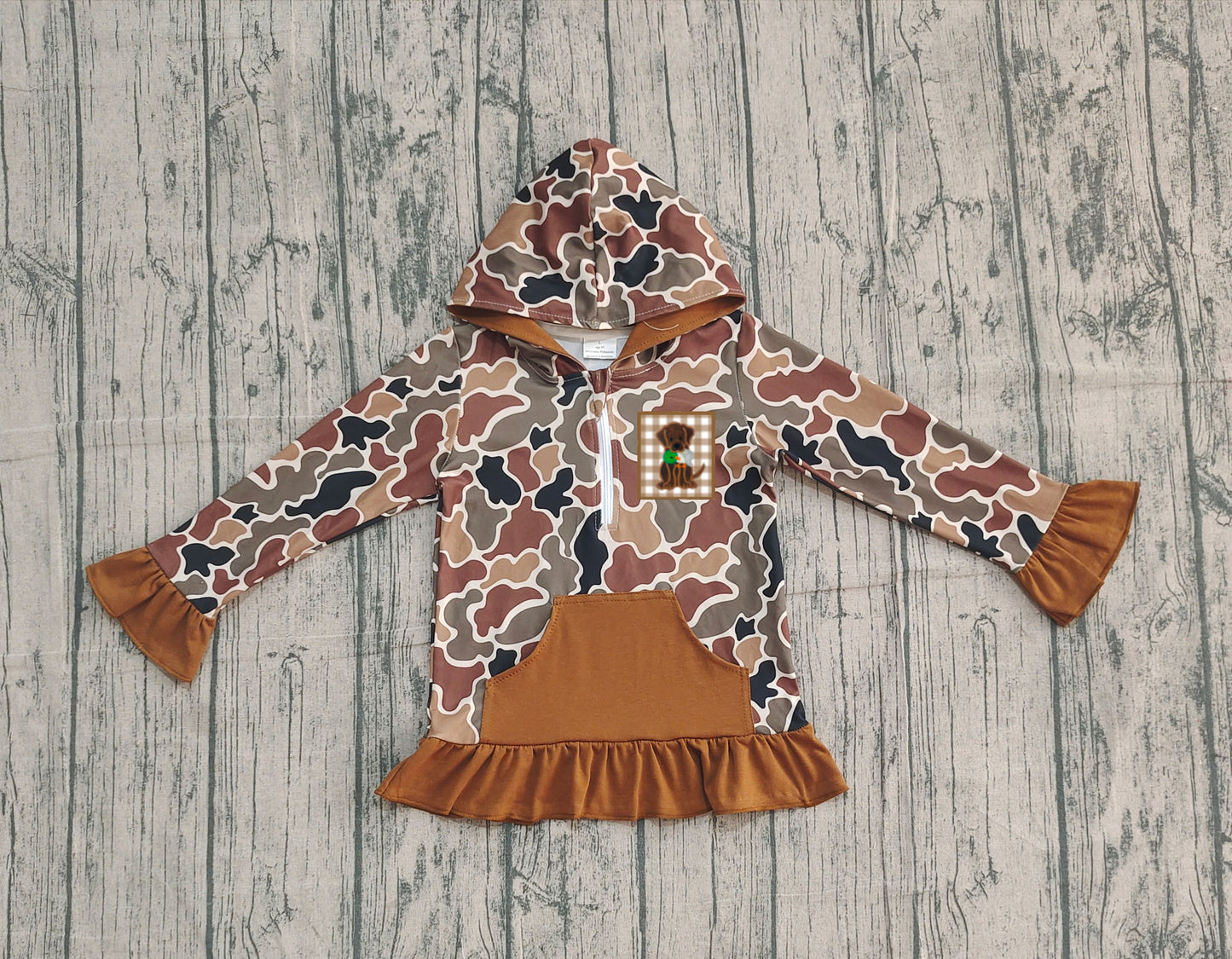 10.17 GT1132 Sample No Moq Embroidery Dog Ducks Baby Girls Brown Camo Pocket Zipper Hunting Hoodies Top