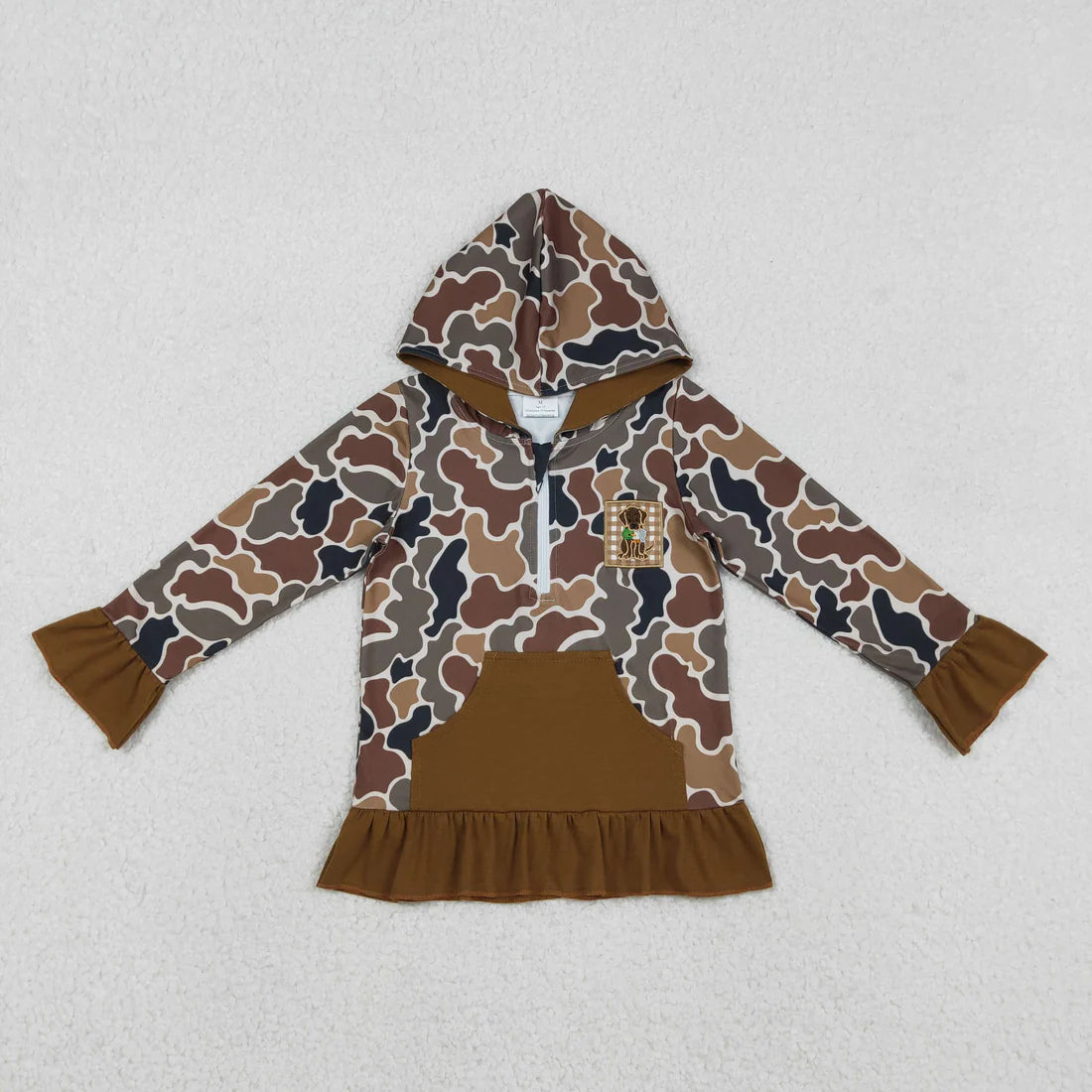 12.3 RTS Sibling Baby Kids Brown Camo Embroidery Dog Duck Pocket Zip Hunting Hoodies Top