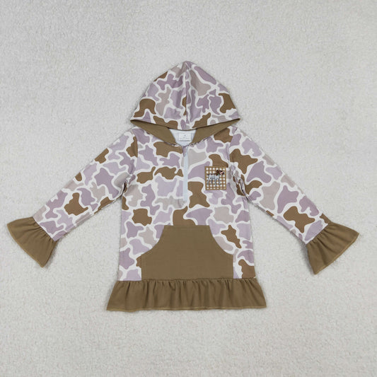10.10 RTS NO MOQ (In stock)GT1134 Baby Girls Long Sleeve Tops Embroidery Dog Ducks Baby Girls Brown Camo Pocket Zip Hunting Hoodies Top