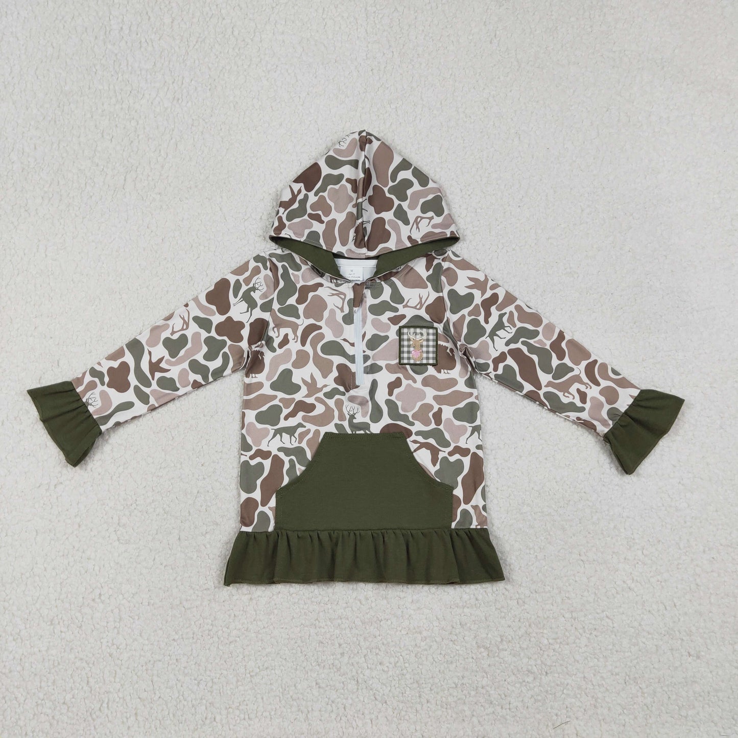 12.24 RTS NO MOQ (In stock)GT1136 Embroidery Deer Baby Girls Green Camo Pockets Zipper Hunting Hoodies Top