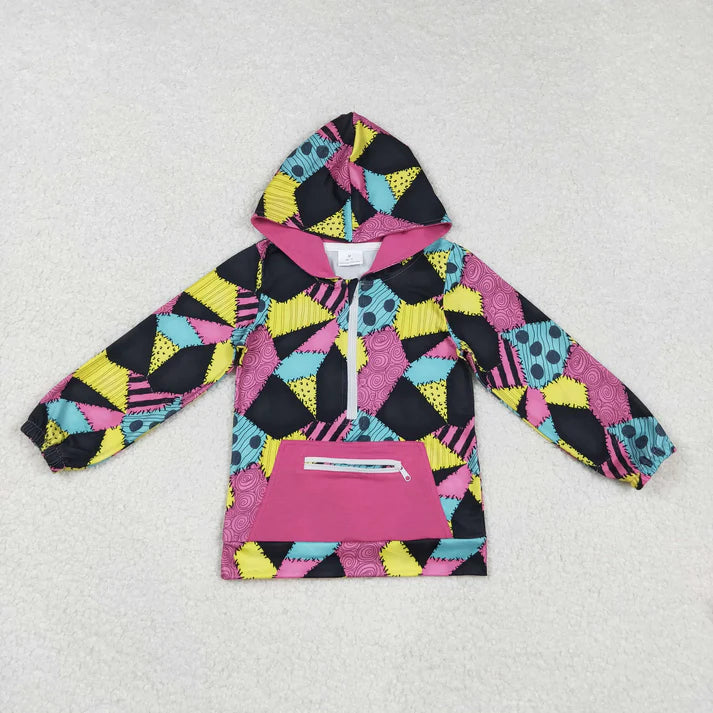 9.30 RTS Sibling Baby Girls Colorful Patchwork Ghosts Pocket Zipper Halloween Hoodies Top