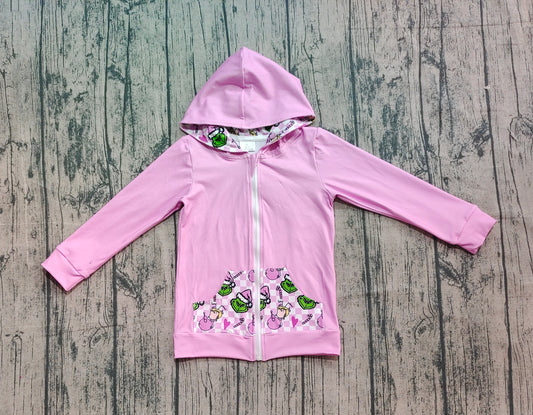 9.20 GT1142 Sample No Moq Fast Coming Baby Girls Christmas Green Faces Pockets Zipper Hoodies Jackets Top
