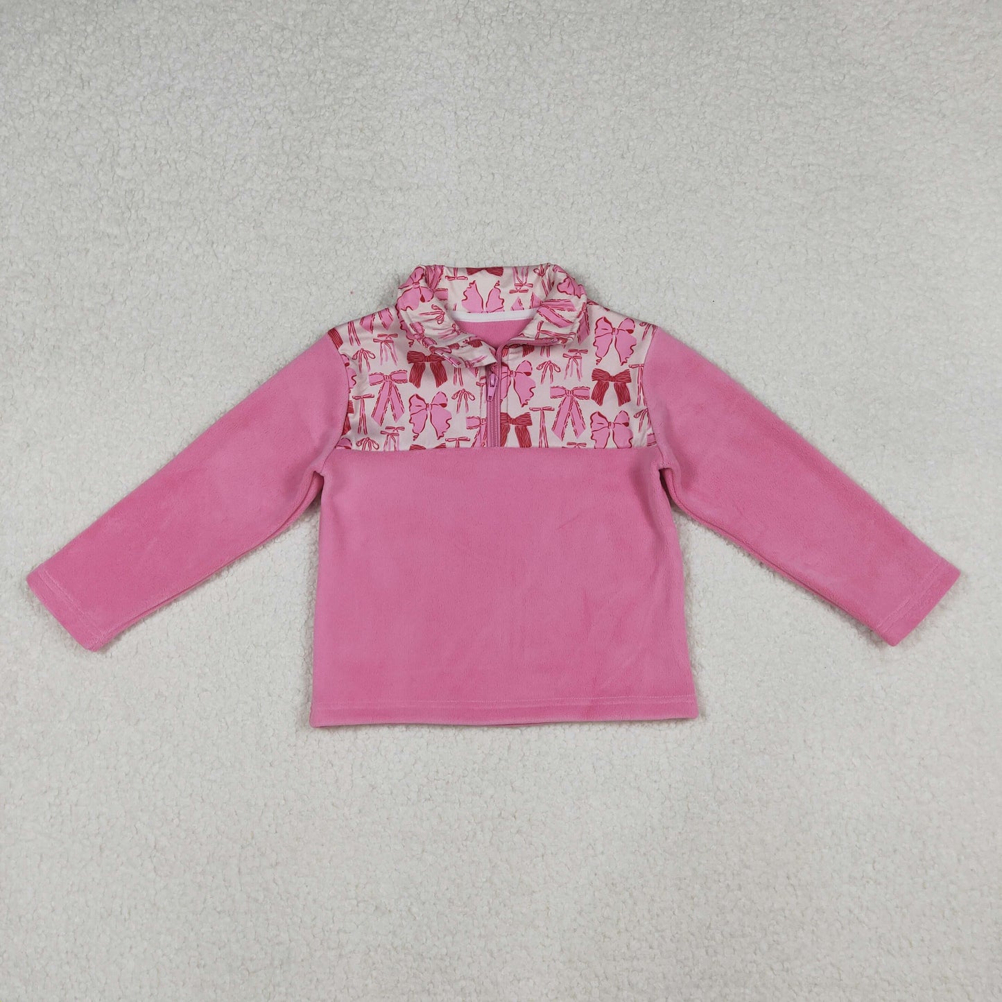 RTS NO MOQ (In stock)GT1149 Baby Girls Long Sleeve Tops Pink Bows Plaid Quatrefoil Zipper Pullover Sherpa Tops