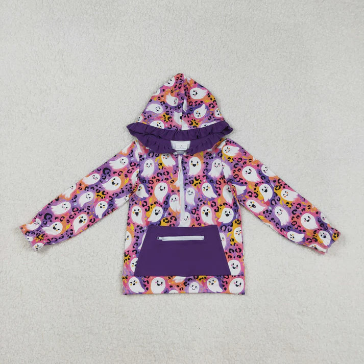 9.30 RTS Sibling Baby Girls Colorful Patchwork Ghosts Pocket Zipper Halloween Hoodies Top